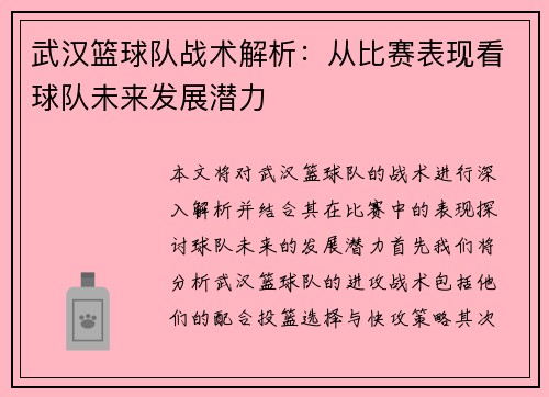 武汉篮球队战术解析：从比赛表现看球队未来发展潜力